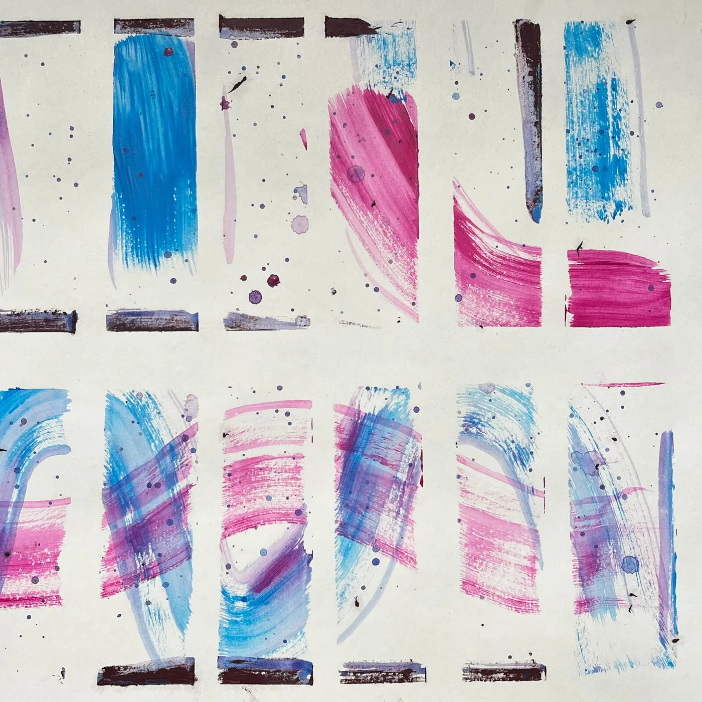 Two rows of painted panels on paper: broad brushstrokes in blue and magenta, flecked with darker spatter, each row closed by a short near-black bar.